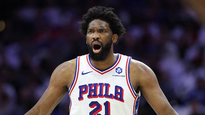 Philadelphia 76ers center Joel Embiid (21) reacts to a play against the New York Knicks during the first quarter of game three of the second round of the 2026 NBA Playoffs at Xfinity Mobile Arena on May 8, 2026.