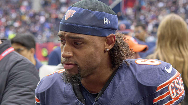 Oct 13, 2024; London, United Kingdom; Chicago Bears cornerback Kyler Gordon (6) leaves the field after an NFL International Series game at Tottenham Hotspur Stadium.