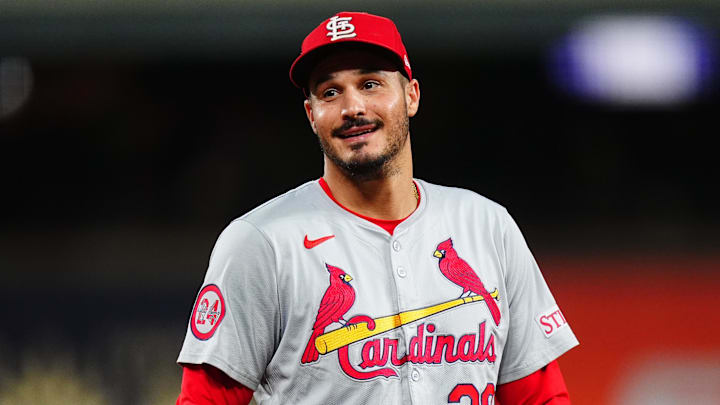 Sep 25, 2024; Denver, Colorado, USA; St. Louis Cardinals third base Nolan Arenado (28) reacts in the third inning against the Colorado Rockies at Coors Field