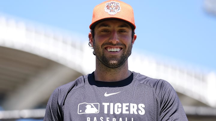 Feb 23, 2025; Tampa, Florida, USA; Detroit Tigers outfielder Matt Vierling (8) looks on before a game against the New York Yankees during spring training at George M. Steinbrenner Field Feb 23, 2025; Tampa, Florida, USA; Detroit Tigers outfielder Matt Vierling (8) looks on before a game against the New York Yankees during spring training at George M. Steinbrenner Field