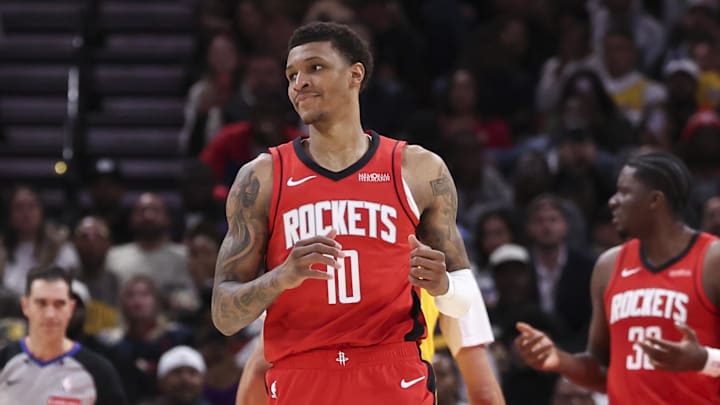 Mar 16, 2026; Houston, Texas, USA; Houston Rockets forward Jabari Smith Jr. (10) reacts after a play during the second quarter against the Los Angeles Lakers at Toyota Center. Mandatory Credit: Troy Taormina-Imagn Images