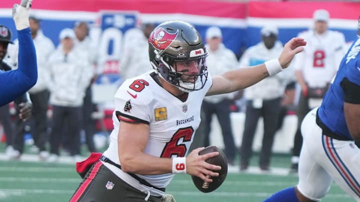 East Rutherford, NJ -- November 24, 2024 -- Baker Mayfield of Tampa Bay runs for a TD late in the first half as the Tampa Bay Buccaneers came to MetLife Stadium to play the New York Giants.
