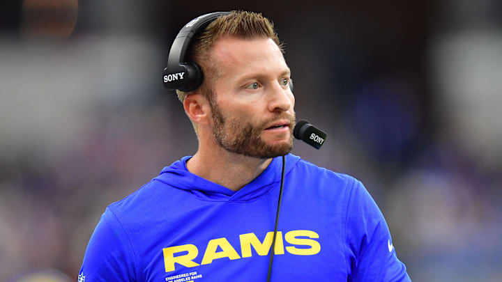 Jan 4, 2026; Inglewood, California, USA;  Los Angeles Rams head coach Sean McVay stands on the sidelines against the Arizona Cardinals during the first half at SoFi Stadium. Mandatory Credit: Gary A. Vasquez-Imagn Images