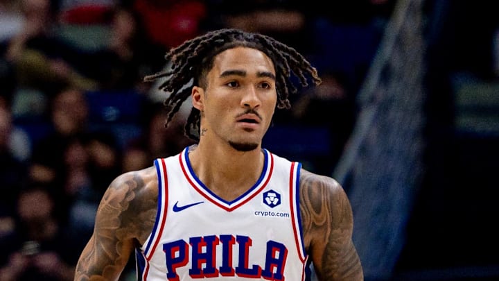 Mar 24, 2025; New Orleans, Louisiana, USA;  Philadelphia 76ers guard Jalen Hood-Schifino (17) brings the ball up court against the New Orleans Pelicans during the first half at Smoothie King Center. Mandatory Credit: Stephen Lew-Imagn Images