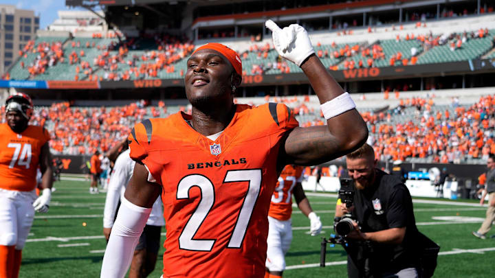 Cincinnati Bengals safety Jordan Battle (27) celebrates the Bengals 27-31 win over the Jacksonville Jaguars at Paycor Stadium on Sunday, September 14, 2025.