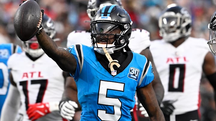 Oct 13, 2024; Charlotte, North Carolina, USA; Carolina Panthers wide receiver Diontae Johnson (5) reacts after making a catch in the second quarter at Bank of America Stadium. Mandatory Credit: Bob Donnan-Imagn Images Oct 13, 2024; Charlotte, North Carolina, USA; Carolina Panthers wide receiver Diontae Johnson (5) reacts after making a catch in the second quarter at Bank of America Stadium. Mandatory Credit: Bob Donnan-Imagn Images