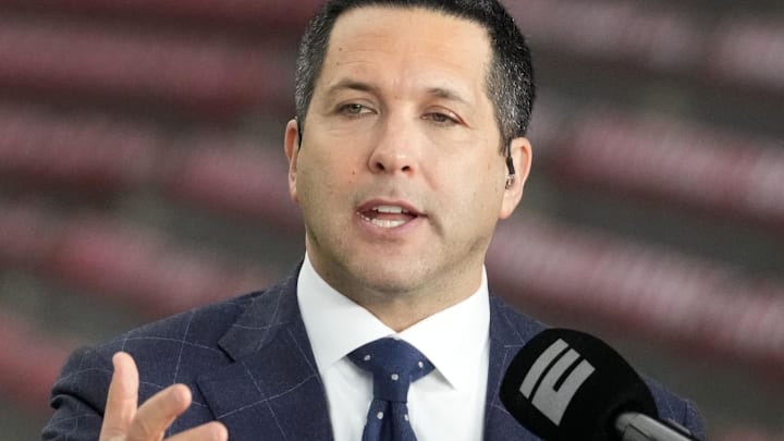 Jan 8, 2024; Houston, TX, USA; Adam Schefter talks on a set before the 2024 College Football Playoff national championship game between the Michigan Wolverines and the Washington Huskies at NRG Stadium. 