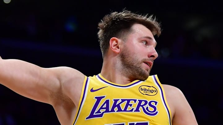 Los Angeles Lakers guard Luka Doncic gets the rebound against the against the Phoenix Suns.