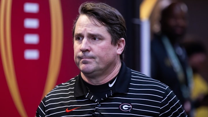 Georgia Bulldogs co-defensive coordinator Will Muschamp against the TCU Horned Frogs during the CFP national championship game at SoFi Stadium. Mandatory Credit: Mark J. Rebilas-Imagn Images