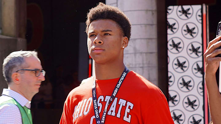 Jordan Karhoff, St. Francis Desales tight end, soaks up the atmosphere of the game between the Ohio State Buckeyes and Texas Longhorns at Ohio Stadium on Aug. 30, 2025.