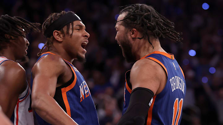Apr 30, 2024; New York, New York, USA; New York Knicks guard Miles McBride (2) celebrates with guard Jalen Brunson (11) during the fourth quarter of game 5 of the first round of the 2024 NBA playoffs against the Philadelphia 76ers at Madison Square Garden. Mandatory Credit: Brad Penner-Imagn Images