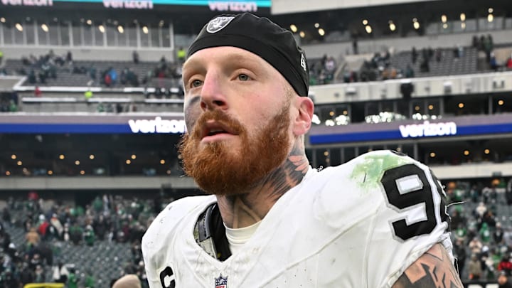 Dec 14, 2025; Philadelphia, Pennsylvania, USA; Las Vegas Raiders defensive end Maxx Crosby (98) on the field after loss to the Philadelphia Eagles at Lincoln Financial Field. Mandatory Credit: Eric Hartline-Imagn Images