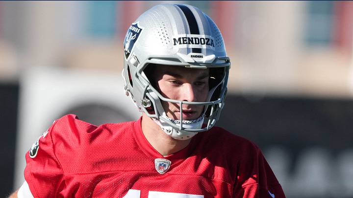 Jun 9, 2026; Henderson, NV, USA; Las Vegas Raiders quarterback Fernando Mendoza (15) runs during minicamp at Intermountain Health Performance Center. Mandatory Credit: Kirby Lee-Imagn Images