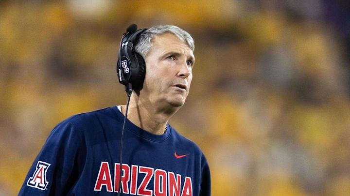 Nov 28, 2025; Tempe, Arizona, USA; Arizona Wildcats head coach Brent Brennan against the Arizona State Sun Devils during the 99th Territorial Cup at Mountain America Stadium. Mandatory Credit: Mark J. Rebilas-Imagn Images