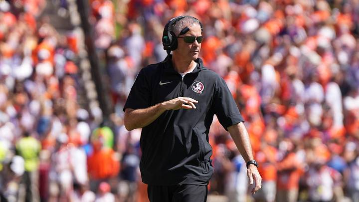 Sep 23, 2023; Clemson, South Carolina, USA; Florida State Seminoles head coach Mike Norvell in the second half against the Clemson Tigers at Memorial Stadium. Mandatory Credit: David Yeazell-USA TODAY Sports Sep 23, 2023; Clemson, South Carolina, USA; Florida State Seminoles head coach Mike Norvell in the second half against the Clemson Tigers at Memorial Stadium. Mandatory Credit: David Yeazell-USA TODAY Sports