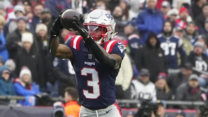 Dec 28, 2024; Foxborough, Massachusetts, USA; New England Patriots wide receiver DeMario Douglas (3) makes a catch against the Los Angeles Chargers during the second half at Gillette Stadium. Mandatory Credit: Gregory Fisher-Imagn Images