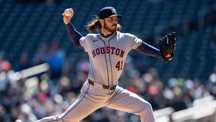 Apr 5, 2025; Minneapolis, Minnesota, USA; Houston Astros starting pitcher Spencer Arrighetti (41) delivers a pitch during the first inning against the Minnesota Twins at Target Field. 