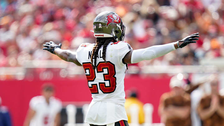Tampa Bay Buccaneers safety Ryan Neal (23) reacts after Tennessee Titans place kicker Nick Folk missed a field goal during the second quarter at Raymond James Stadium in Tampa, Fla., Sunday, Nov. 12, 2023.