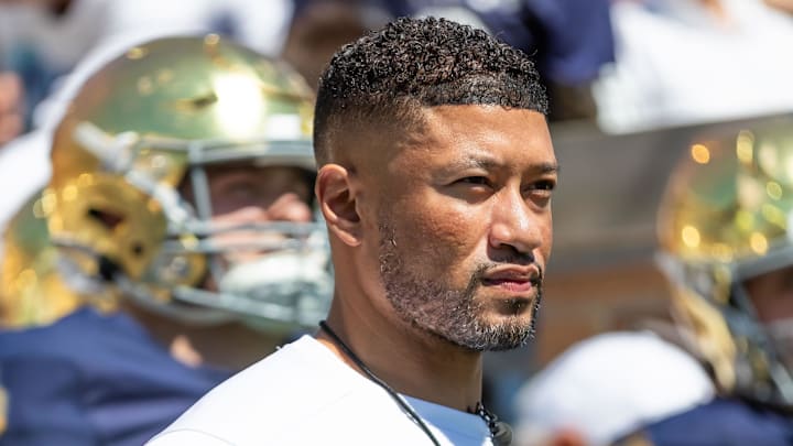 Apr 12, 2025; Notre Dame, IN, USA; Notre Dame Fighting Irish head coach Marcus Freeman waits to run onto the field during the Blue-Gold game at Notre Dame Stadium. Apr 12, 2025; Notre Dame, IN, USA; Notre Dame Fighting Irish head coach Marcus Freeman waits to run onto the field during the Blue-Gold game at Notre Dame Stadium.