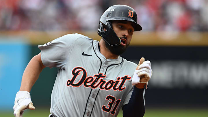 Oct 12, 2024; Cleveland, Ohio, USA; Detroit Tigers outfielder Riley Greene (31) scores run in the seventh inning against the Cleveland Guardians during game five of the ALDS for the 2024 MLB Playoffs at Progressive Field. Oct 12, 2024; Cleveland, Ohio, USA; Detroit Tigers outfielder Riley Greene (31) scores run in the seventh inning against the Cleveland Guardians during game five of the ALDS for the 2024 MLB Playoffs at Progressive Field.