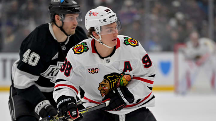 Dec 4, 2025; Los Angeles, California, USA; Chicago Blackhawks center Connor Bedard (98) during the first period against the Los Angeles Kings at Crypto.com Arena. Mandatory Credit: Jayne Kamin-Oncea-Imagn Images Dec 4, 2025; Los Angeles, California, USA; Chicago Blackhawks center Connor Bedard (98) during the first period against the Los Angeles Kings at Crypto.com Arena. Mandatory Credit: Jayne Kamin-Oncea-Imagn Images