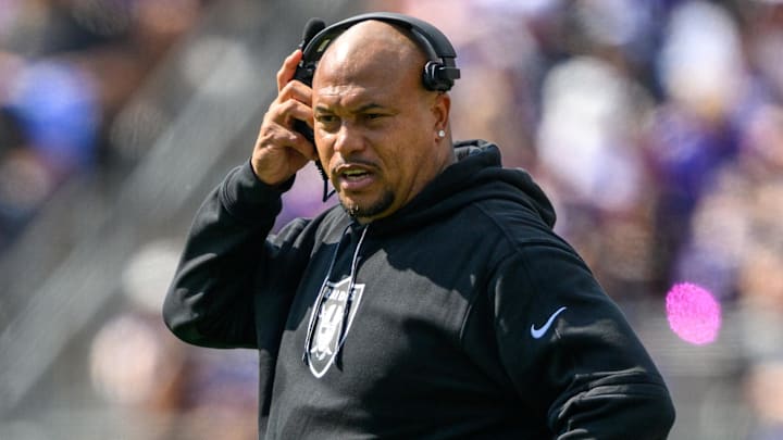 Sep 15, 2024; Baltimore, Maryland, USA; Las Vegas Raiders head coach Antonio Pierce looks on from the sideline during the first half against the Baltimore Ravens at M&T Bank Stadium. Mandatory Credit: Reggie Hildred-Imagn Images
