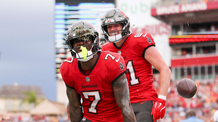 Tampa Bay Buccaneers running back Bucky Irving celebrates after scoring a touchdown against the Carolina Panthers.