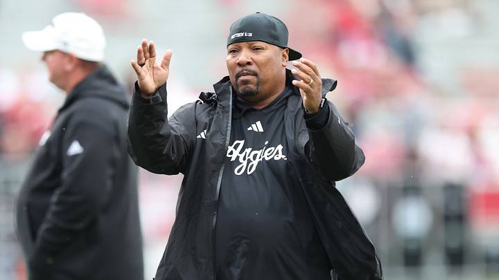 Oct 18, 2025; Fayetteville, Arkansas, USA; Texas A&M Aggies associate head coach Trooper Taylor during warmups prior to the game against the Arkansas Razorbacks at Donald W. Reynolds Razorback Stadium. Mandatory Credit: Nelson Chenault-Imagn Images Oct 18, 2025; Fayetteville, Arkansas, USA; Texas A&M Aggies associate head coach Trooper Taylor during warmups prior to the game against the Arkansas Razorbacks at Donald W. Reynolds Razorback Stadium. Mandatory Credit: Nelson Chenault-Imagn Images