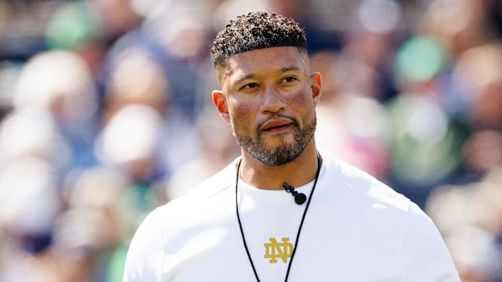 Notre Dame head coach Marcus Freeman during the Notre Dame Blue-Gold spring football game at Notre Dame Stadium on Saturday, April 12, 2025, in South Bend.