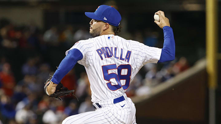 Aug 23, 2022; Chicago, Illinois, USA; Chicago Cubs relief pitcher Nicholas Padilla (58) delivers against the St. Louis Cardinals during the fourth inning of the second game of the doubleheader at Wrigley Field