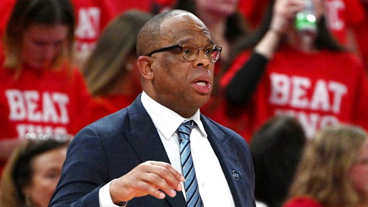 Feb 17, 2026; Raleigh, North Carolina, USA;  North Carolina Tar Heels head coach Hubert Davis reacts during the first half against the NC State Wolfpack at Lenovo Center. Mandatory Credit: Zachary Taft-Imagn Images