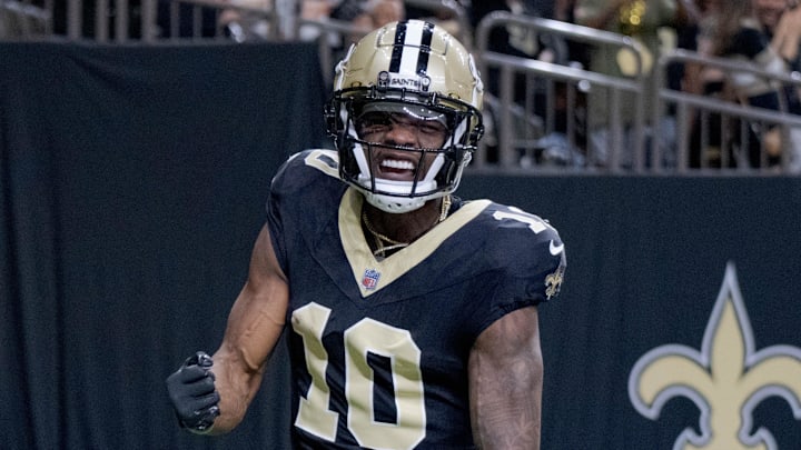 Nov 10, 2024; New Orleans, Louisiana, USA; New Orleans Saints wide receiver Marquez Valdes-Scantling (10) celebrates a touchdown against the Atlanta Falcons during the first half at Caesars Superdome. Mandatory Credit: Matthew Hinton-Imagn Images