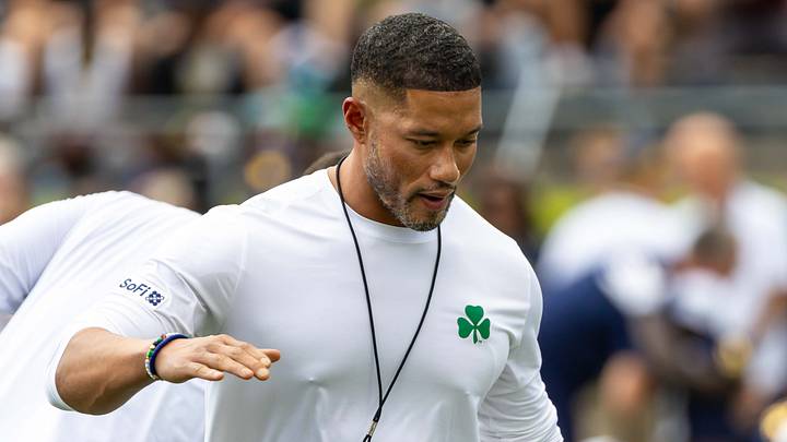 Sep 12, 2026; South Bend, Indiana, USA; Notre Dame Fighting Irish head coach Marcus Freeman greets players before facing Rice at Notre Dame Stadium. Sep 12, 2026; South Bend, Indiana, USA; Notre Dame Fighting Irish head coach Marcus Freeman greets players before facing Rice at Notre Dame Stadium.