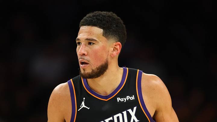 Phoenix, Arizona, USA; Phoenix Suns guard Devin Booker (1) against the Oklahoma City Thunder during game four of the first round of the 2026 NBA Playoffs at Mortgage Matchup Center on Apr 27, 2026.