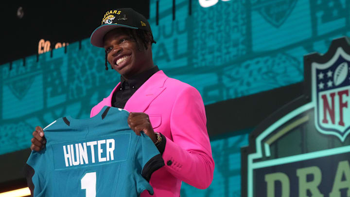 Apr 24, 2025; Green Bay, WI, USA; Colorado Buffaloes wide receiver Travis Hunter is selected by the Jacksonville Jaguars as the number two pick in the first round of the 2025 NFL Draft at Lambeau Field. Mandatory Credit: Kirby Lee-Imagn Images