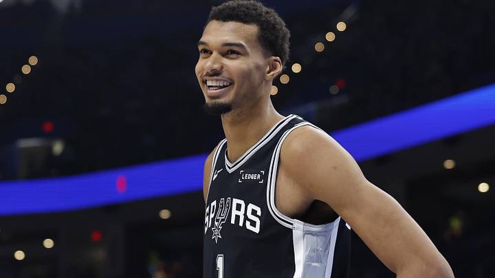 Dec 25, 2025; Oklahoma City, Oklahoma, USA; San Antonio Spurs forward Victor Wembanyama (1) smiles after a play against the Oklahoma City Thunder during the second half at Paycom Center. Mandatory Credit: Alonzo Adams-Imagn Images