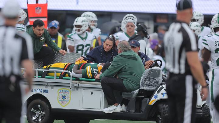 Green Bay Packers wide receiver Jayden Reed (11) is carted off the field against the New York Jets at MetLife Stadium. Green Bay Packers wide receiver Jayden Reed (11) is carted off the field against the New York Jets at MetLife Stadium.
