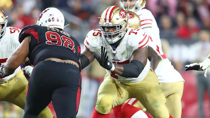 Oct 31, 2019; Glendale, AZ, USA; San Francisco 49ers center Weston Richburg (58) and guard Laken