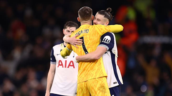 Guglielmo Vicario celebrates Tottenham's win with Radu Dragusin Guglielmo Vicario celebrates Tottenham's win with Radu Dragusin