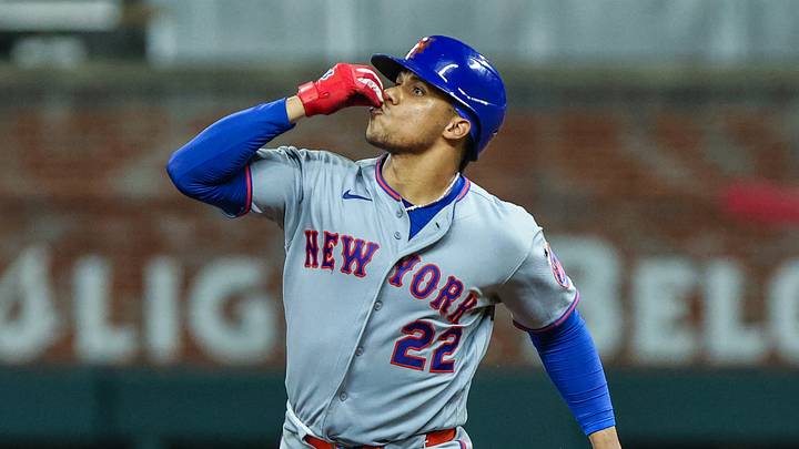 Jul 6, 2026; Cumberland, Georgia, USA; New York Mets left fielder Juan Soto (22) celebrates hitting a home run against the Atlanta Braves during the ninth inning at Truist Park. Mandatory Credit: Jordan Godfree-Imagn Images Jul 6, 2026; Cumberland, Georgia, USA; New York Mets left fielder Juan Soto (22) celebrates hitting a home run against the Atlanta Braves during the ninth inning at Truist Park. Mandatory Credit: Jordan Godfree-Imagn Images