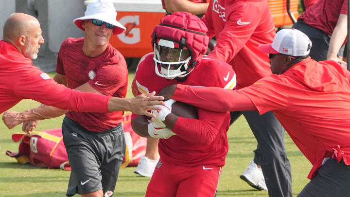 Jul 26, 2024; Kansas City, MO, USA; Kansas City Chiefs running back Clyde Edwards-Helaire (25) runs drills during training camp at Missouri Western State University. Mandatory Credit: Denny Medley-USA TODAY Sports