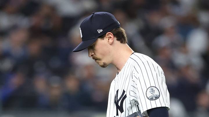 Oct 7, 2026; Bronx, New York, USA;  New York Yankees pitcher Max Fried (54) reacts after being taken out of the game during the sixth inning against the Tampa Bay Rays in game three of the ALDS for the 2026 MLB Playoffs at Yankee Stadium.  Mandatory Credit: Wendell Cruz-Imagn Images