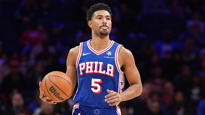 Apr 13, 2025; Philadelphia, Pennsylvania, USA; Philadelphia 76ers guard Quentin Grimes (5) controls the ball against the Chicago Bulls in the first quarter at Wells Fargo Center. Mandatory Credit: Kyle Ross-Imagn Images Apr 13, 2025; Philadelphia, Pennsylvania, USA; Philadelphia 76ers guard Quentin Grimes (5) controls the ball against the Chicago Bulls in the first quarter at Wells Fargo Center. Mandatory Credit: Kyle Ross-Imagn Images