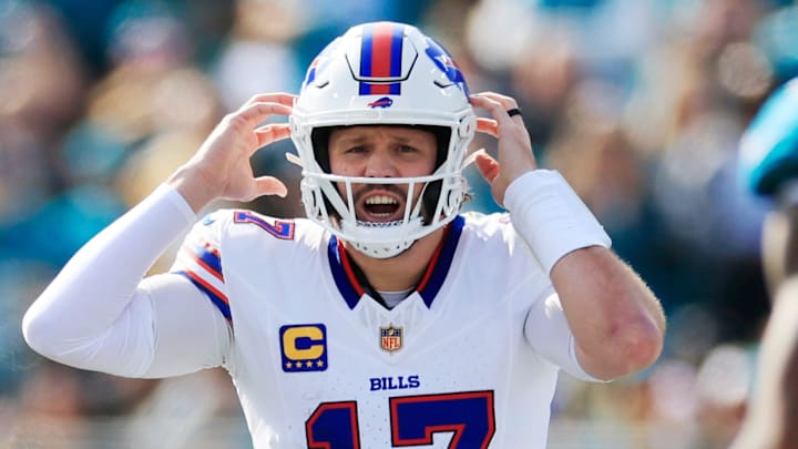 Buffalo Bills quarterback Josh Allen (17) calls a play during the first quarter of an NFL football AFC Wild Card playoff matchup, Sunday, Jan. 11, 2026, in Jacksonville, Fla. The Bills defeated the Jaguars 27-24. [Corey Perrine/Florida Times-Union]