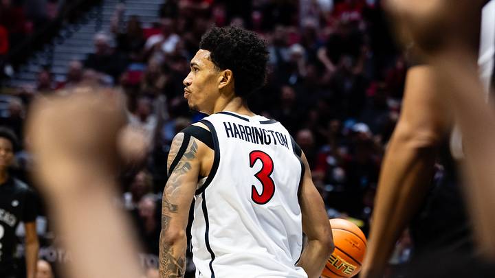 San Diego State Aztecs guard Elzie Harrington (3). San Diego State Aztecs guard Elzie Harrington (3).