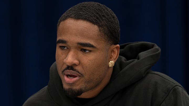 Feb 26, 2026; Indianapolis, IN, USA; Southern California defensive back Kamari Ramsey (DB45) speaks to members of the media during the NFL Combine at the Indiana Convention Center. Mandatory Credit: Jacob Musselman-Imagn Images