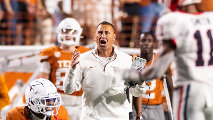 Texas Longhorns coach Steve Sarkisian yells at his team during a game vs. Georgia.