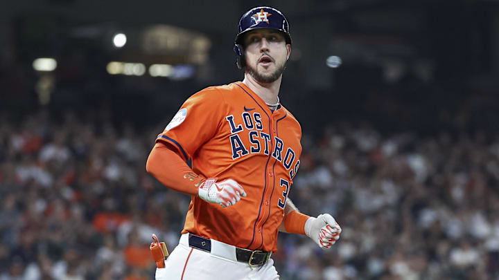 Sep 20, 2024; Houston, Texas, USA; Houston Astros right fielder Kyle Tucker (30) looks towards the dugout after hitting a single during the third inning against the Los Angeles Angels at Minute Maid Park Sep 20, 2024; Houston, Texas, USA; Houston Astros right fielder Kyle Tucker (30) looks towards the dugout after hitting a single during the third inning against the Los Angeles Angels at Minute Maid Park