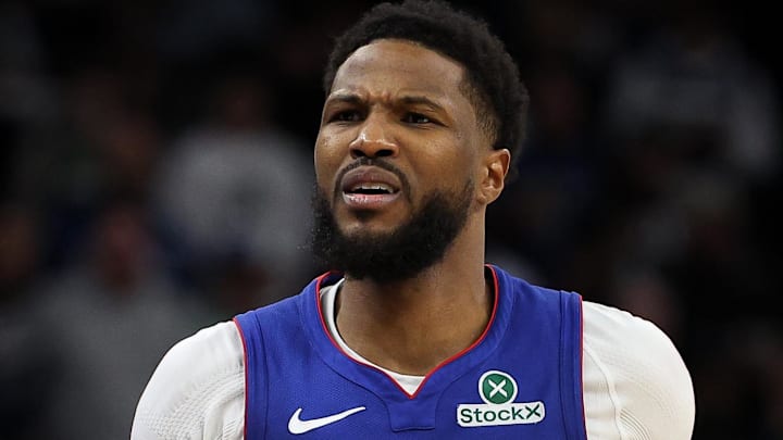 Detroit Pistons guard Malik Beasley (5) reacts during the second quarter against the Minnesota Timberwolves at Target Center.