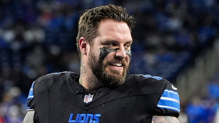 Detroit Lions offensive tackle Taylor Decker (68) smiles at warm up before the game between Detroit Lions and Buffalo Bills Detroit Lions offensive tackle Taylor Decker (68) smiles at warm up before the game between Detroit Lions and Buffalo Bills